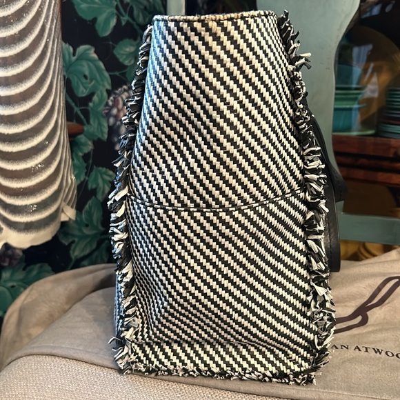 Brian Atwood Black & White Rafia Tote w Fringe Detail & Black Leather Straps